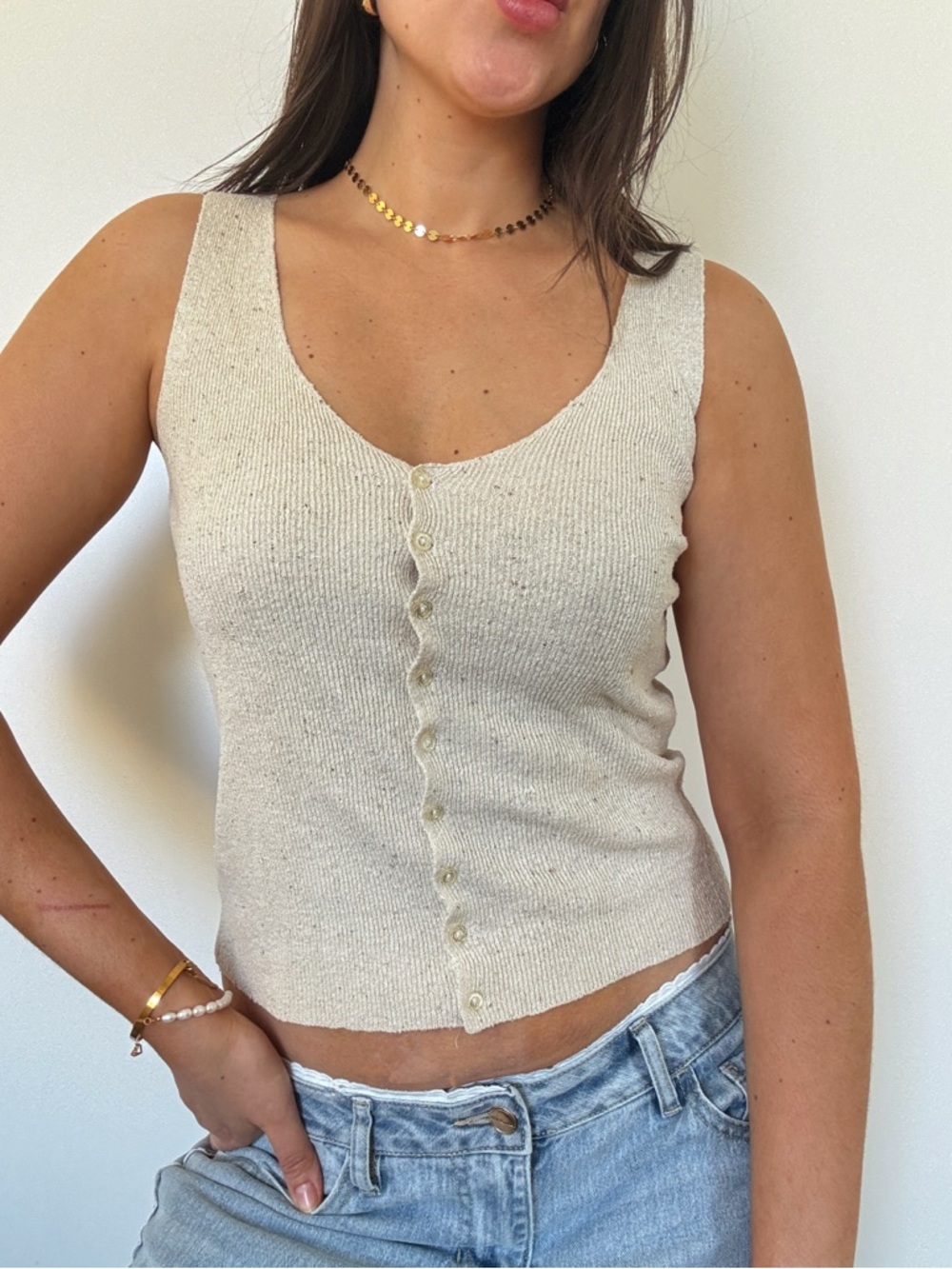Vintage Express 100% silk Cream Button-Front Ribbed Tank Top